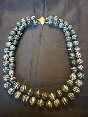“Chunky Jasper Beaded Necklace Double Strand Sterling Silver Clasp Statement”